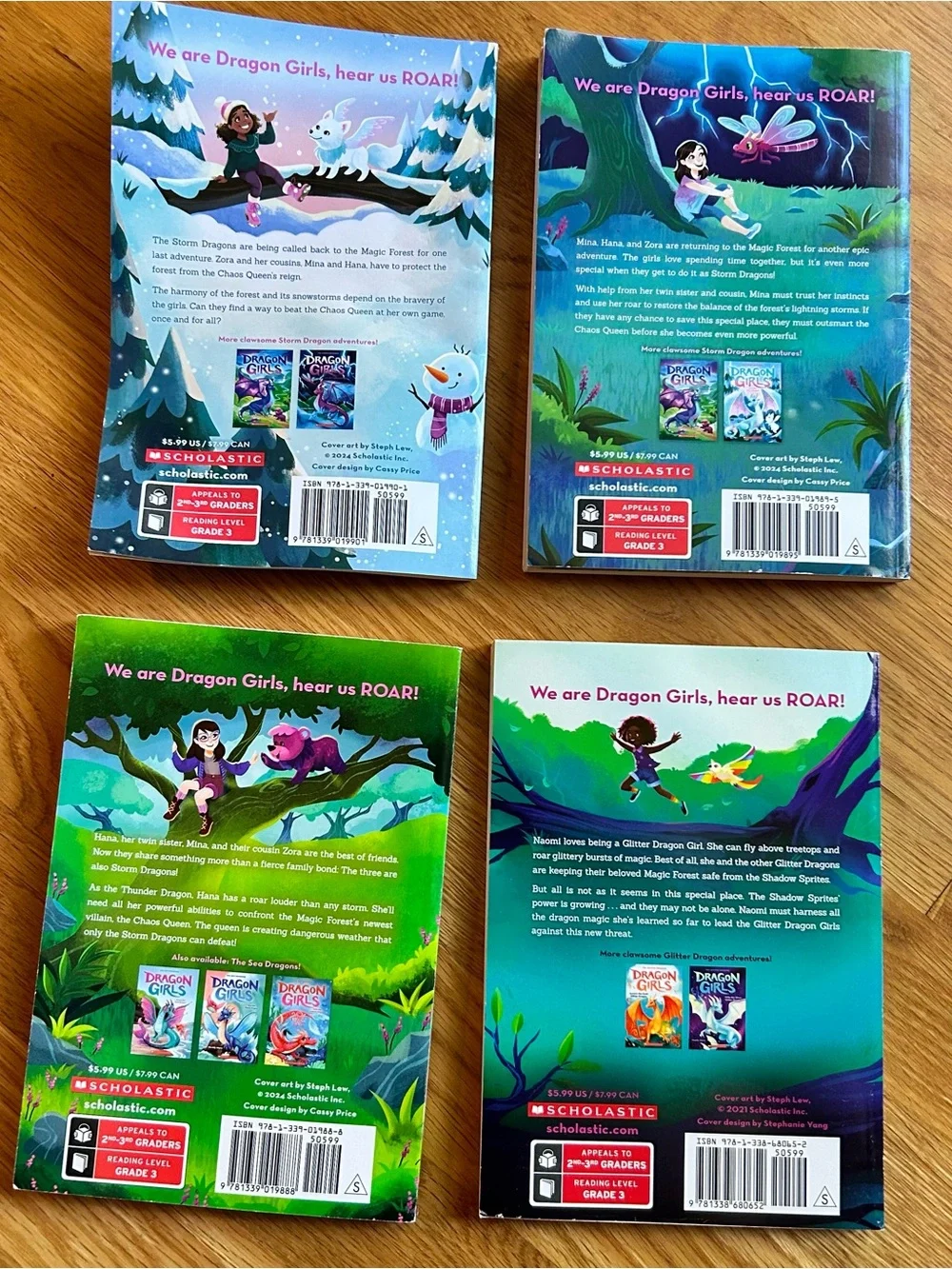 Scholastic Dragon Girls Book Back Covers — Blue, Green, Purple, Pink Accents